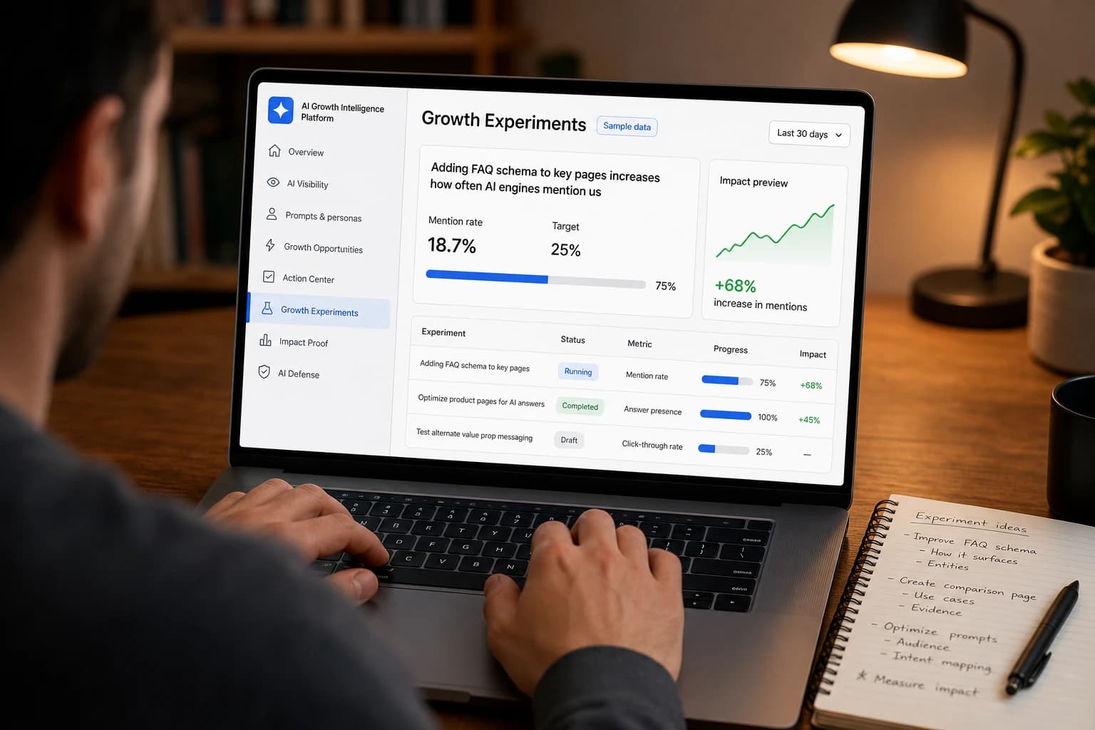 Over-the-shoulder view of someone typing on a laptop with the Growth Experiments dashboard open: one running experiment with its progress and impact preview, a table of three experiments, and a handwritten notebook of experiment ideas beside the keyboard
